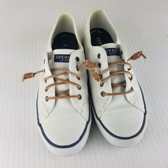 Sperry Shoes - Sperry Top Sider Womens Sz 9.5 White Canvas Slip On Sneaker Boat Shoe Lace Up